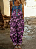 Women's Sleeveless Camouflage Print Casual Loose Denim-paneled Wide-leg Jumpsuit