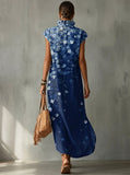 Abstract-style Floral Decorative Pattern Women's No Sleeve Bud Collar Linen Cotton Dress