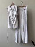 Casual Two-piece Set: Floral-print Linen & Cotton Top And Solid-color Trousers