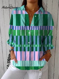 Women's Abstract Geometric Pattern Art Print Casual Cotton Linen V-neck Shirt