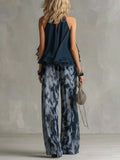 Women's Sleeveless Halter-neck Top And Printed Wide-leg Chiffon Pant Set