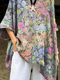 Women's Retro Floral Art Print Casual Cotton Long Shirt