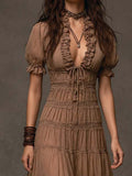 Bohemian-style Tiered Ruffle & Lace Slit Maxi Dress