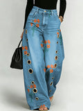 Elegant Floral Bouquet Decorative Pattern Women's Casual Cotton Denim Pants