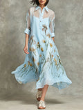 Women's Casual Loose Chiffon Dress Set: Collared 3/4-sleeve Dress With Placement Print