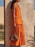 Women's Halter-neck V-neck Sleeveless Top & Wide-leg Pants Loose-fit Set With Contrast Trim