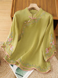 Women's Stand-collar 3/4-sleeve Casual Loose Cotton-linen Embroidered Top