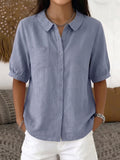 Women's Solid-color Collared Short-sleeve Casual Loose Cotton-linen Top