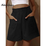 Cotton and Linen Wear High-waisted Shorts with Buds