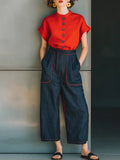 Women's Cotton And Linen Top With Button Decoration