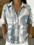 Women's Vintage Botanical Floral Casual Polo Collar Short-sleeved Linen And Cotton Shirt
