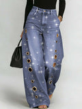 Women's Shinny Art Print Casual Stylish Hollow Denim Pants