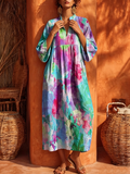 Romantic Watercolor Print Cotton-linen Maxi Dress