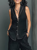 Black Textured Cotton-linen White Piping Sleeveless Blazer Vest & High-waist Wide-leg Pants Set