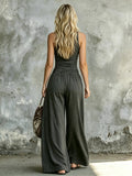 Crinkled Cotton-linen Vest + Drawstring Wide-leg Pants Set