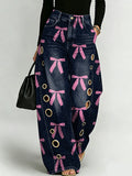 Pink Bow Decoration Pattern Women's Denim Pants