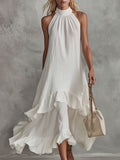 Women's Solid-color Stand-collar Sleeveless Loose-fit Cotton-linen Casual Dress