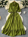 Women's Polo Collar Half Sleeves Single-breasted Waist-cinching Ruffles Midi Dress