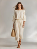 Women's Ivory Cotton Set With Boat Neck & Elastic Waist, Timeless Minimalist-Casual Style Set MDZ2062A3I