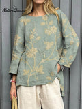 Women's Vintage Floral Art Print Casual Cotton Linen Shirt