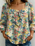 Colorful Flower Decorative Pattern Women's Long Sleeve Linen Cotton Shirt