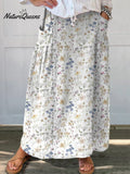 Women's Vintage Floral Art Linen Elastic waistband Pocket Skirt