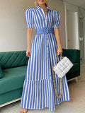 Women's Striped Art Casual Elegant Short Sleeve With Belt Long Dress