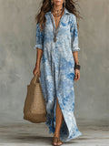 Vintage-style Ombré Floral Decorative Pattern Women's Long Sleeve Cotton Dress