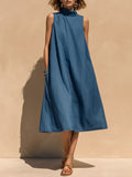 Women's Sleeveless Denim A-line Dress With High Neck