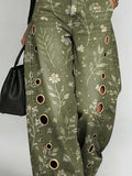 Women's Retro Floral Art Print Casual Stylish Hollow Denim Pants