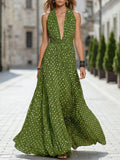 Retro Polka-dot Halter-neck Deep V-neck Pleated Maxi Dress