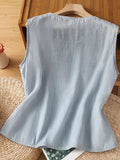 Cotton-linen Sleeveless Vest With Front Embroidery And U-neck