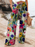 Women's Vintage Floral Art Printed Cotton And Linen Casual Pants