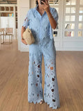 Stylish Casual Two-piece Set: Lace-embroidered Top And Pants