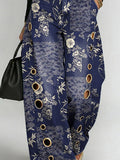 Women's Retro Floral Art Print Casual Stylish Hollow Denim Pants