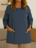 Women's Solid Color Lapel 3/4 Sleeve Casual Loose Pullover Sweater