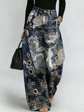 Retro Distressed "blues" Contour Camouflage Print Wide-leg Pants — High-waisted, Slimming, Side-slit Straight-leg Jeans