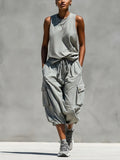 Light Gray Washed Cotton Crew Neck Sleeveless Tank Top & Drawstring Elastic Waist Multi-pocket Cargo Cropped Pants Set