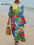 Women's Vintage Lovely Floral Art Print Pocket Cotton Dress
