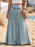 Boho Vacation-style Cotton-linen Maxi Skirt With Belt Detail