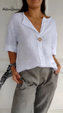 V-neck cotton and linen button top