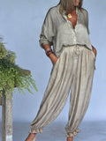 Casual & Comfortable Two-piece Set: Lace-paneled Linen-cotton Shirt And Lantern Pants