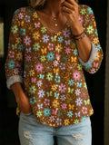Women's Vintage Floral Art Print Linen-cotton Shirt