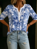 Bohemian Floral Print Henley Cotton T-shirt