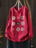 Women Spring Artsy Flower O-Neck 100%Cotton Blouse