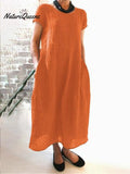 Women's Solid Color Plus Size Cotton And Linen Dress