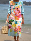 Women's CasualRound Neck Mid Sleeve Print Cotton and Linen Dress