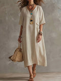 Women's V-neck Half-sleeve Cotton-linen Dress