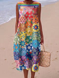 Artistic Floral Color-block Cotton-linen Dress