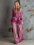 Elegant And Modern Hot Pink Printed Chiffon Long-sleeved Wide-leg Jumpsuit